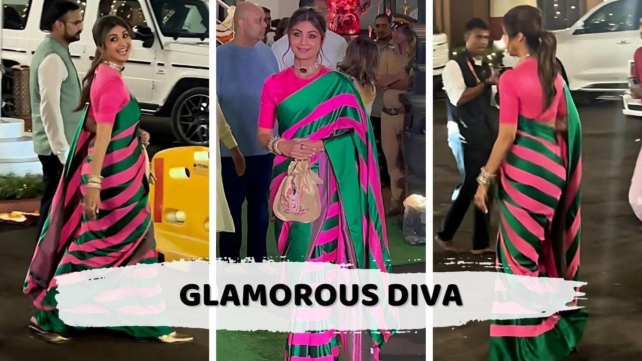 Shilpa Shetty Shines in Pink Sari at Eknath Shinde's Ganpati Puja 2024 (Viral Video)